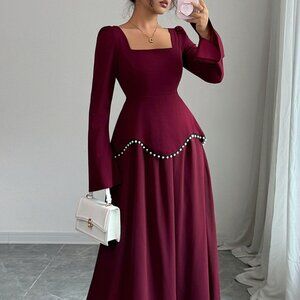 Square Neck Long Sleeve Maxi Dress | New Evening Deep Red Dress